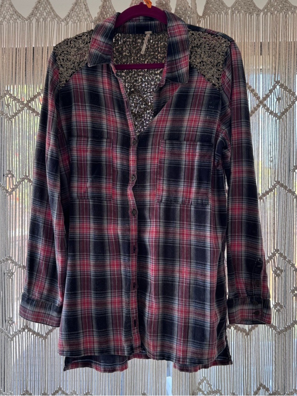 Free People Metallic Sequin & Plaid Shirt